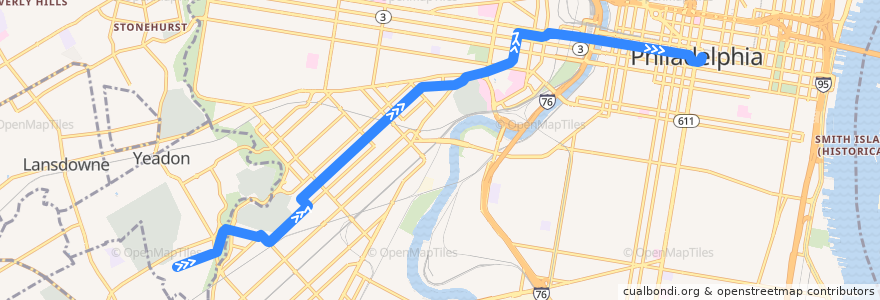 Mapa del recorrido SEPTA 13: Yeadon Loop → Center City de la línea  en Philadelphia County.