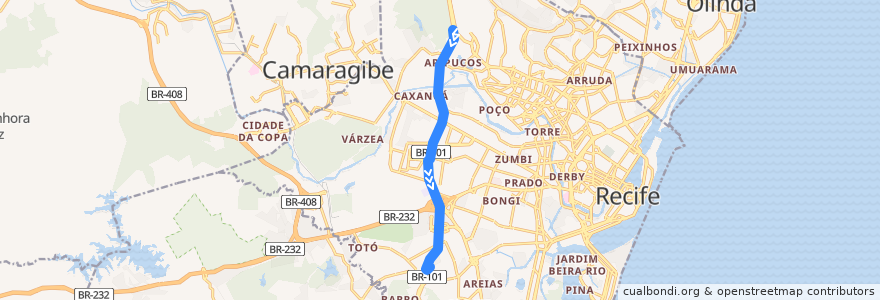 Mapa del recorrido TI Macaxeira / TI Barro (BR-101) de la línea  en Recife.
