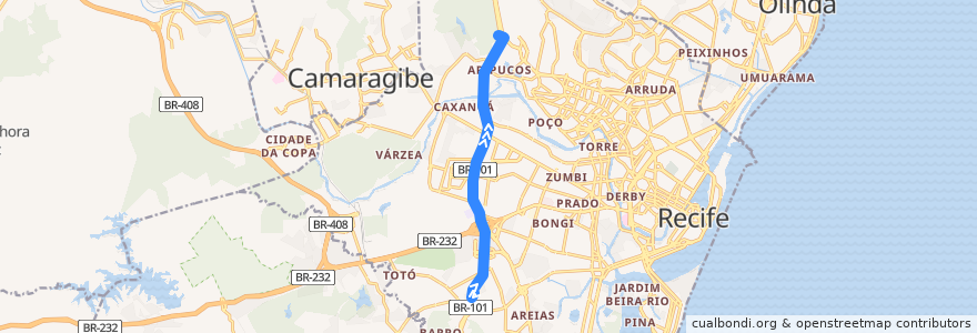 Mapa del recorrido TI Barro / TI Macaxeira (BR-101) de la línea  en Recife.
