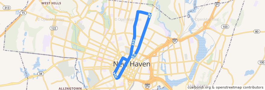 Mapa del recorrido Blue Line (Day) de la línea  en New Haven.