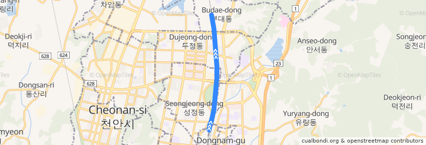 Mapa del recorrido 수도권 전철 1호선 경부·장항 계통: 천안 → 구로 급행 de la línea  en 대한민국.