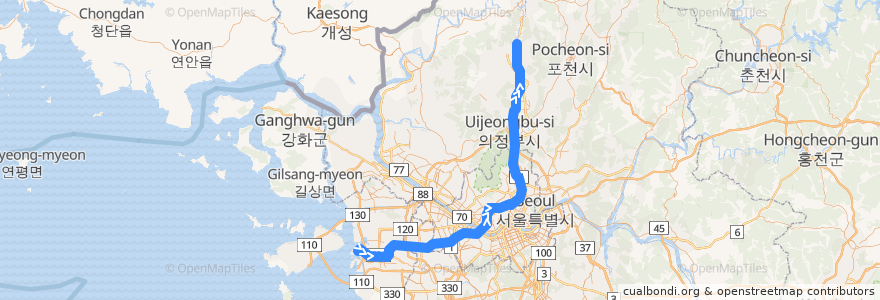 Mapa del recorrido 수도권 전철 1호선 경인·경원 계통 급행: 인천 → 동두천 de la línea  en 韩国 / 南韓.