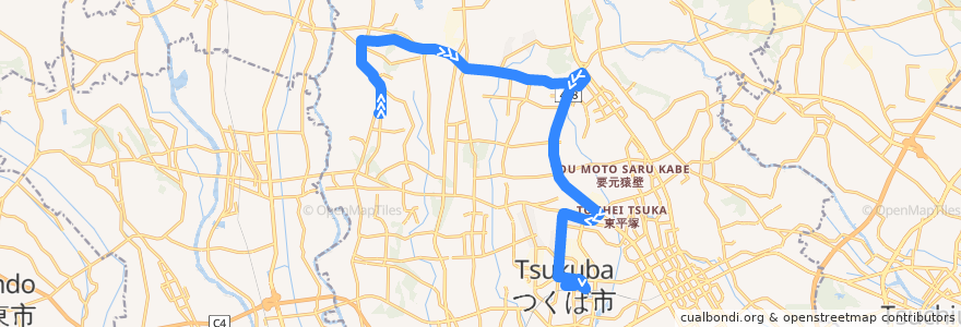 Mapa del recorrido つくバス吉沼シャトル とよさと病院⇒大穂窓口センター⇒研究学園駅 de la línea  en Tsukuba.