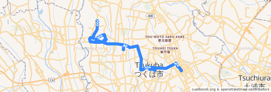 Mapa del recorrido つくバス上郷シャトル とよさと病院⇒豊里の杜⇒つくばセンター de la línea  en つくば市.