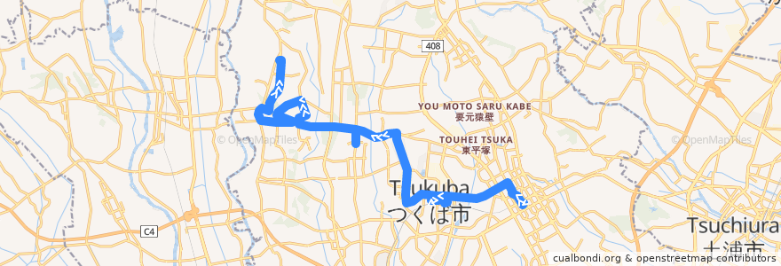 Mapa del recorrido つくバス上郷シャトル つくばセンター⇒豊里の杜⇒とよさと病院 de la línea  en つくば市.