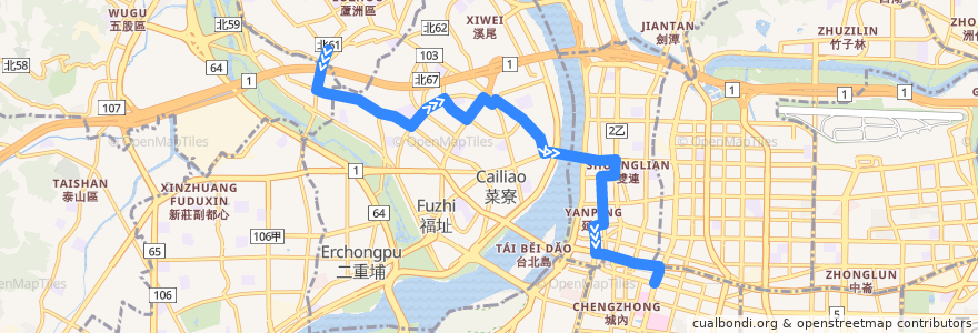 Mapa del recorrido 臺北市 274 蘆洲-臺北車站 (往程) de la línea  en 新北市.