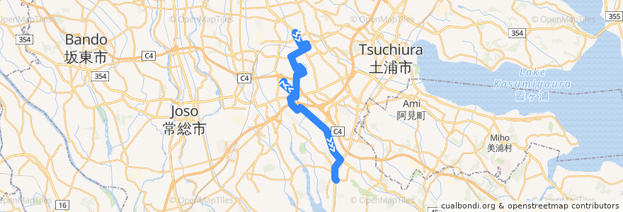 Mapa del recorrido 関東鉄道バス42A系統 筑波大学病院⇒つくばセンター・手代木団地・農林団地⇒牛久駅西口 de la línea  en Tsukuba.