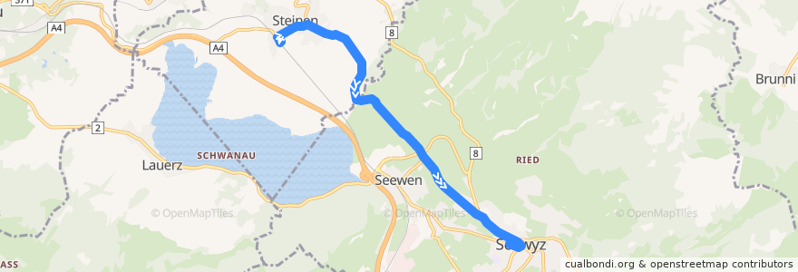 Mapa del recorrido Bus 20: Steinen, Bahnhof => Schwyz, Post de la línea  en Schweiz.