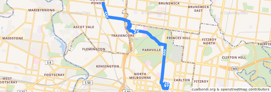 Mapa del recorrido Bus 505: Melbourne University => Parkville Gardens => Moonee Ponds Interchange de la línea  en Melbourne.