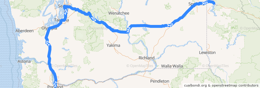 Mapa del recorrido Flixbus 2120: Portland => Coeur d'Alene de la línea  en 华盛顿州 / 華盛頓州.