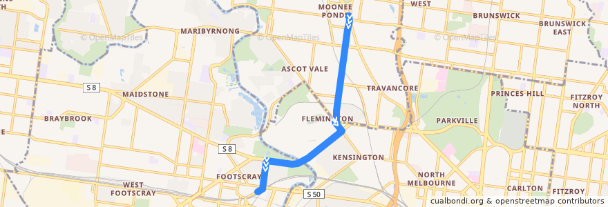 Mapa del recorrido Bus 404: Moonee Ponds Interchange => Newmarket => Footscray de la línea  en Melbourne.