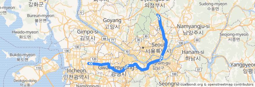 Mapa del recorrido 서울 지하철 7호선: 도봉산 → 부평구청 de la línea  en Республика Корея.