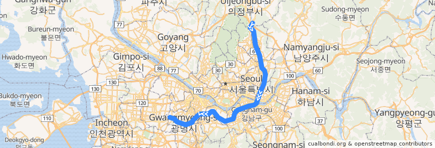 Mapa del recorrido 서울 지하철 7호선: 장암 → 온수 de la línea  en 서울특별시.