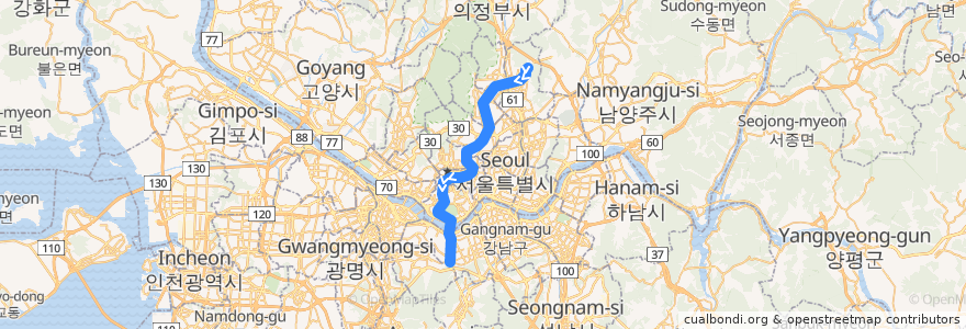 Mapa del recorrido 서울 지하철 4호선: 당고개 → 사당 de la línea  en سول.