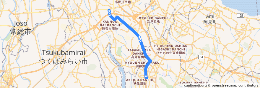 Mapa del recorrido 関東鉄道バス47系統 谷田部車庫⇒農林団地⇒牛久駅西口 de la línea  en 茨城県.