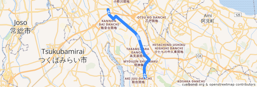 Mapa del recorrido 関東鉄道バス47系統 牛久駅西口⇒農林団地⇒谷田部車庫 de la línea  en 茨城県.