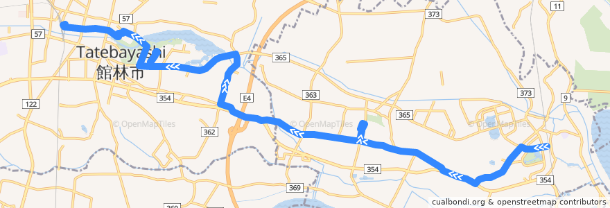 Mapa del recorrido 館林・板倉線 板倉東洋大前駅西口⇒館林インター・館林市役所⇒館林駅東口 de la línea  en 群馬県.