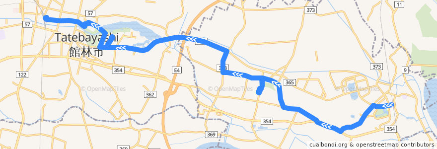 Mapa del recorrido 館林・板倉線 板倉東洋大前駅西口⇒籾谷・館林市役所⇒館林駅東口 de la línea  en 군마현.