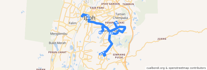 Mapa del recorrido T37 Taman Botani - Lapangan Terbang Sultan Azlan Shah – Stesen Bas Medan Kidd (inbound) de la línea  en Kinta.