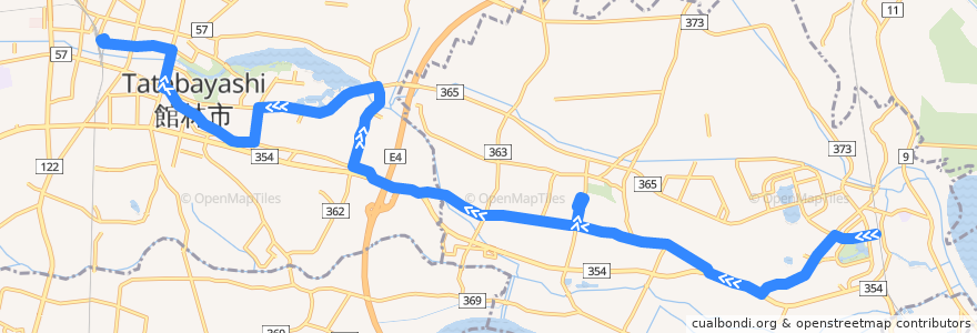 Mapa del recorrido 館林・板倉線 板倉東洋大前駅西口⇒館林インター・慶友整形外科病院西⇒館林駅東口 de la línea  en 群马县.