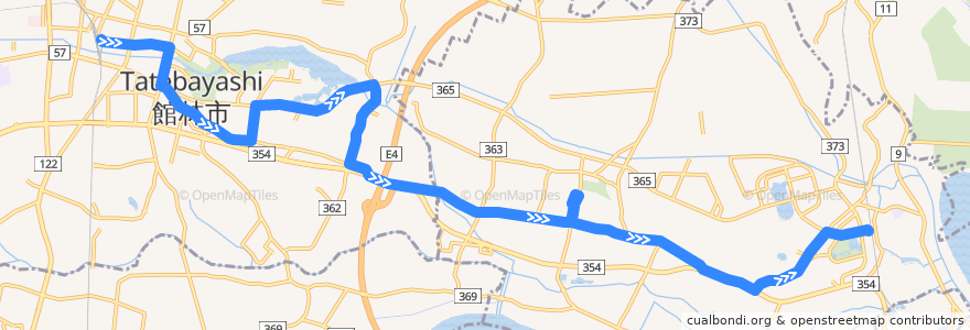 Mapa del recorrido 館林・板倉線 館林駅東口⇒慶友整形外科病院西・館林インター⇒板倉東洋大前駅西口 de la línea  en 群馬県.