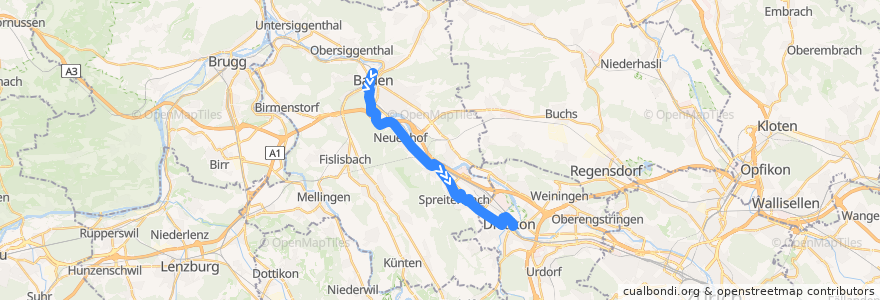 Mapa del recorrido Bus N33: Baden, Bahnhof Ost => Dietikon, Bahnhof de la línea  en Schweiz/Suisse/Svizzera/Svizra.