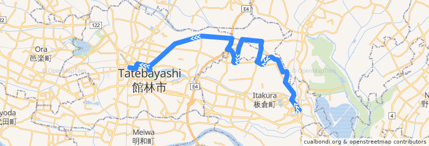 Mapa del recorrido 館林・板倉北線 板倉東洋大前駅西口⇒西谷田郵便局・大曲倉庫⇒館林駅東口 de la línea  en 板倉町.