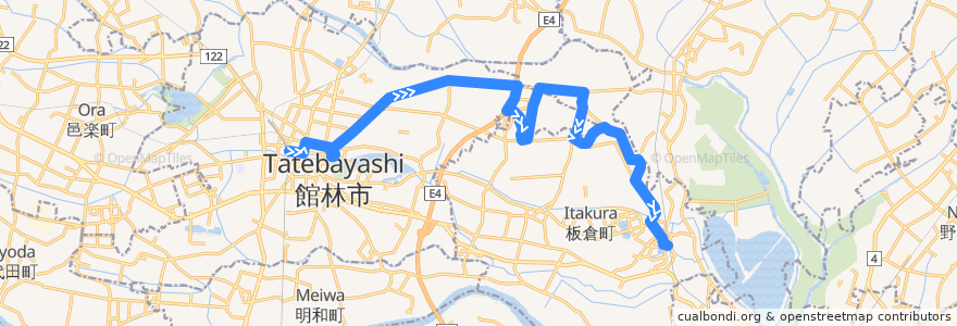 Mapa del recorrido 館林・板倉北線 館林駅東口⇒大曲倉庫・西谷田郵便局⇒板倉東洋大前駅西口 de la línea  en Itakura.