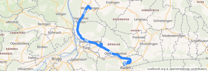 Mapa del recorrido Bus N36: Baden, Bahnhof West => Würenlingen, Post de la línea  en Bezirk Baden.