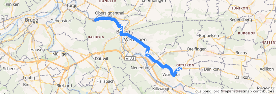 Mapa del recorrido Bus N35: Würenlos, Bettlen => Baden, Ruschebach de la línea  en Bezirk Baden.