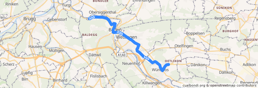 Mapa del recorrido Bus N35: Baden, Ruschebach => Würenlos, Bettlen de la línea  en Bezirk Baden.