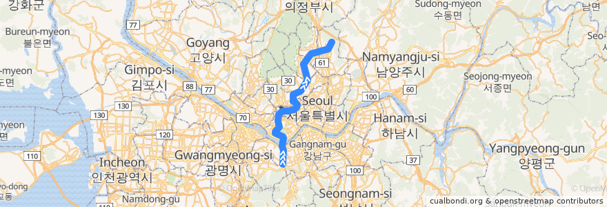 Mapa del recorrido 수도권 전철 4호선: 사당 → 당고개 de la línea  en Seul.