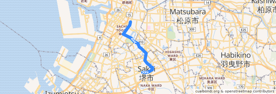 Mapa del recorrido 40: あみだ池-堺東駅前 de la línea  en ساكاي.