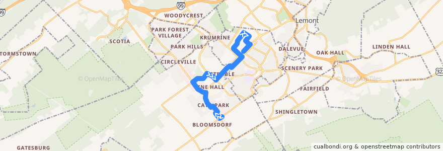 Mapa del recorrido Bus K: Cato Park -> Bristol Park -> Old Gatesburg Road -> West College Avenue -> Campus and Downtown de la línea  en Centre County.