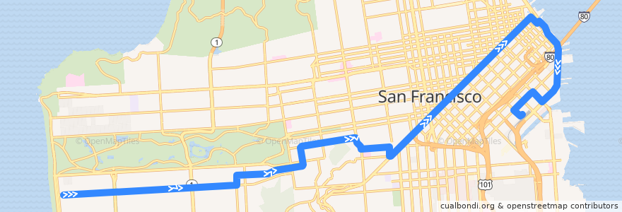 Mapa del recorrido Muni N-Bus inbound: Ocean Beach => Caltrain (weekend early mornings) de la línea  en San Francisco.