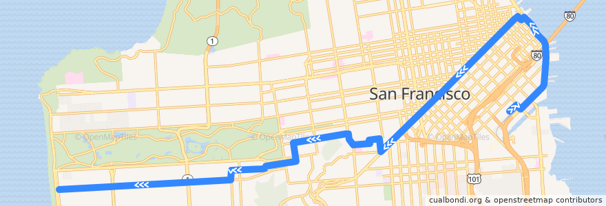 Mapa del recorrido Muni N-Bus outbound: Caltrain => Ocean Beach (weekend early mornings) de la línea  en 샌프란시스코.