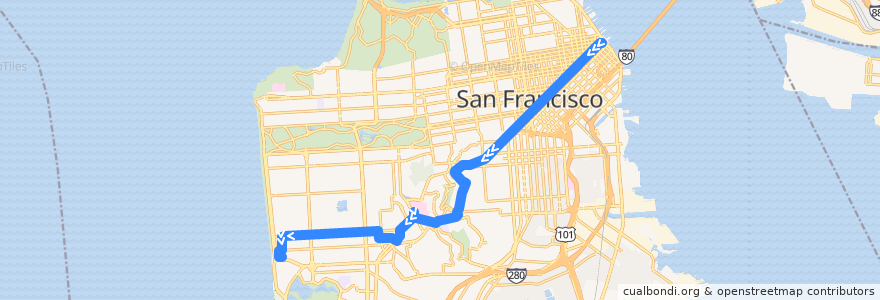 Mapa del recorrido Muni L-Bus outbound: Downtown => SF Zoo (weekend early mornings) de la línea  en 샌프란시스코.