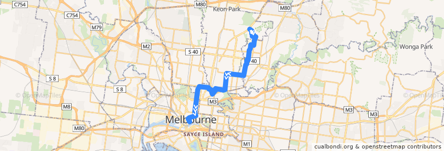 Mapa del recorrido Bus 250: La Trobe University => Clifton Hill => City (Queen Street) de la línea  en Melbourne.