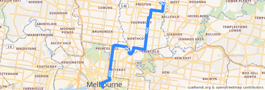 Mapa del recorrido Bus 251: Northland SC => Clifton Hill => City (Queen Street) de la línea  en Melbourne.