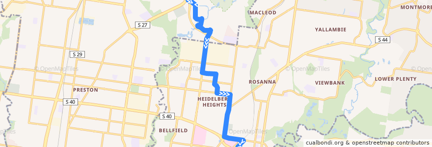 Mapa del recorrido Bus 551: La Trobe University => Heidelberg de la línea  en Melbourne.