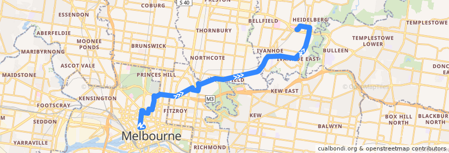 Mapa del recorrido Bus 546: Melbourne University => Carlton & Clifton Hill => Heidelberg de la línea  en Melbourne.