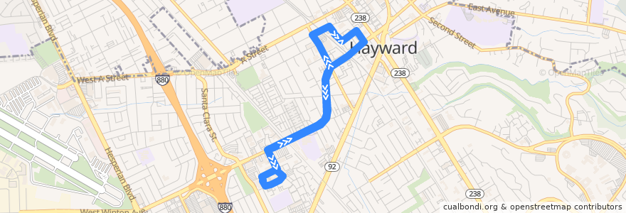 Mapa del recorrido Alameda County Sustainability Hayward Shuttle: Hayward BART => Hayward Hall of Justice => Hayward BART de la línea  en Hayward.