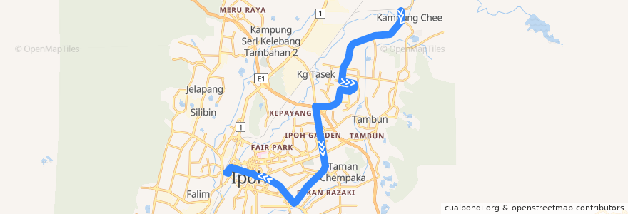 Mapa del recorrido T32 Tanjong Rambutan - Stesen Bas Medan Kidd via Bercham (inbound) de la línea  en Perak.