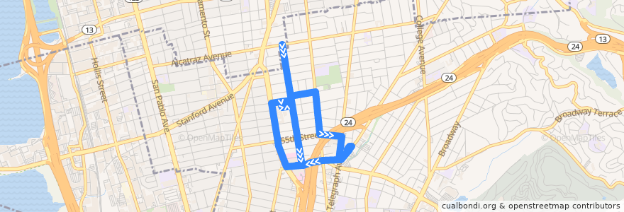 Mapa del recorrido UCSF Oakland Shuttle 3: Outpatient Center => CHORI => Claremont Colleges => Outpatient Center de la línea  en Oakland.