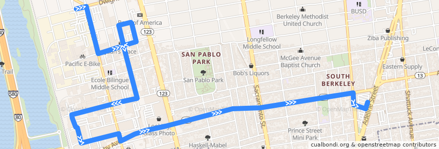 Mapa del recorrido West Berkeley Shuttle (evenings): Dwight & 6th => Ashby BART de la línea  en 伯克利.