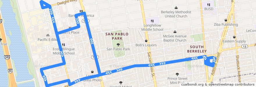 Mapa del recorrido West Berkeley Shuttle (mornings): Ashby BART => Dwight & 6th => Ashby BART de la línea  en Berkeley.