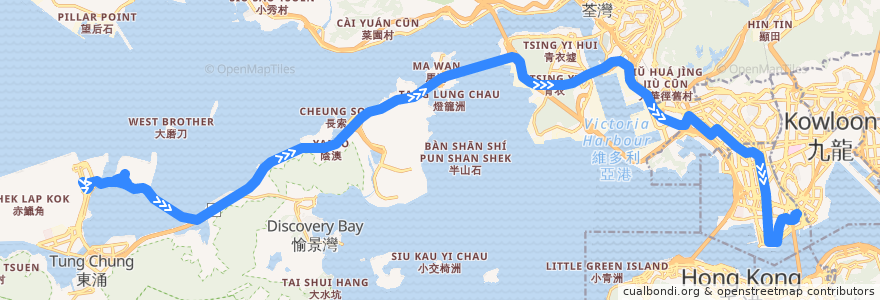 Mapa del recorrido 城巴機場快線A21線 Cityflyer A21 (機場 Airport → 紅磡站 Hung Hom Station) de la línea  en هونغ كونغ.