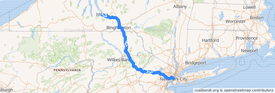 Mapa del recorrido Flixbus 2683: Ithaca => New York City de la línea  en Stati Uniti d'America.