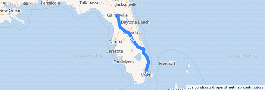 Mapa del recorrido Flixbus 2410: Miami => Gainesville de la línea  en Flórida.