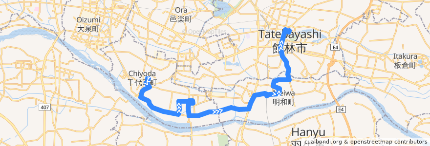 Mapa del recorrido 館林・明和・千代田線 千代田町役場⇒ふれあいタウンジョイフル本田・川俣駅西口⇒館林市役所 de la línea  en Гумма.